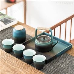 景德镇日式陶瓷茶具套装 家用绿色功夫茶具 茶壶茶杯带茶盘组合