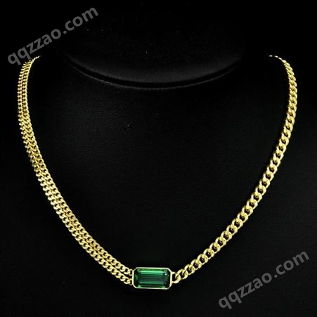 俊恒珠宝2023新款925长方4ct绿色高碳钻项链男女通用古巴链44.5cm