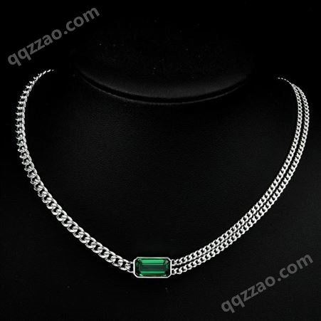 俊恒珠宝2023新款925长方4ct绿色高碳钻项链男女通用古巴链44.5cm