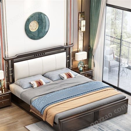 新中式双人实木床现代简约1.8米主卧室大婚床中国风高箱储物家具